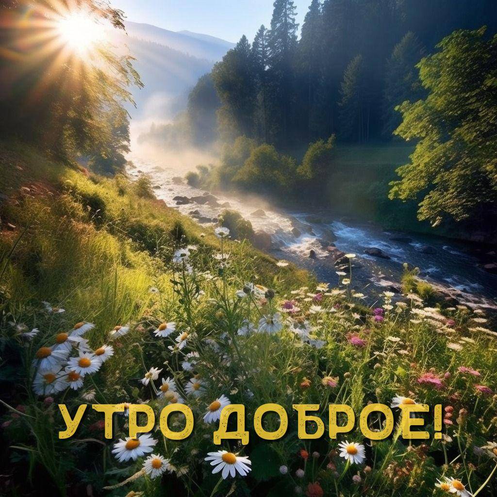Красивый пейзаж: река, цветы, деревья, горы