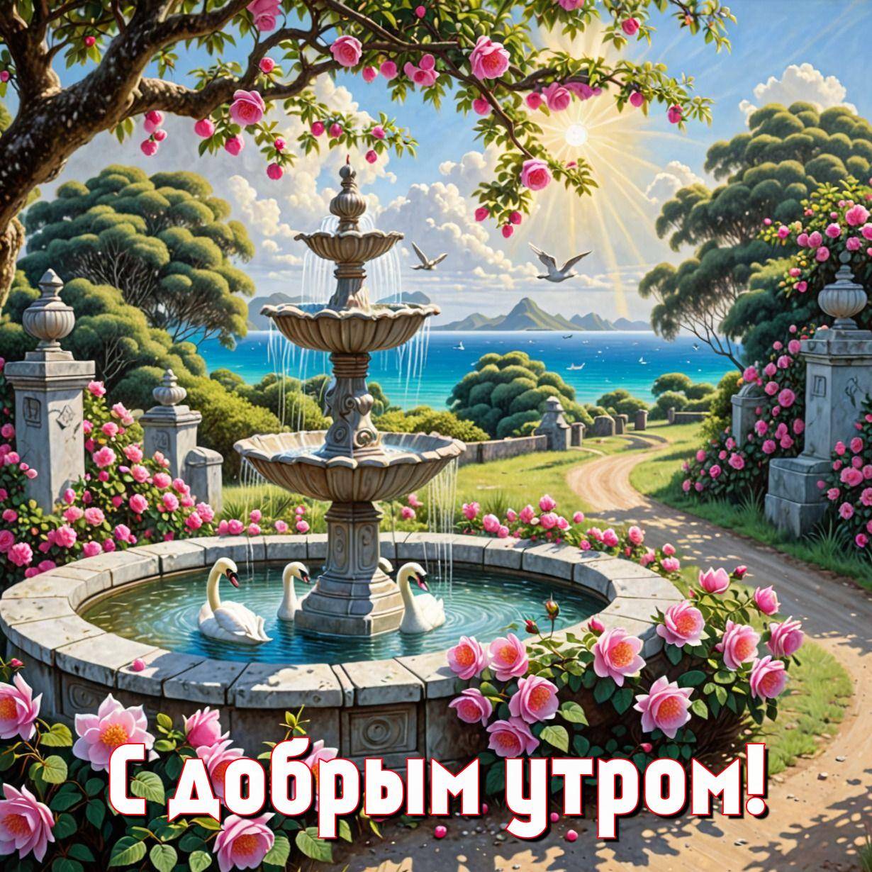 Красивый пейзаж с фонтаном и цветами. Лебеди плавают в бассейне