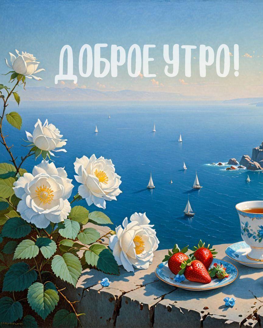 Красивый пейзаж с морем, розами и чайным столиком