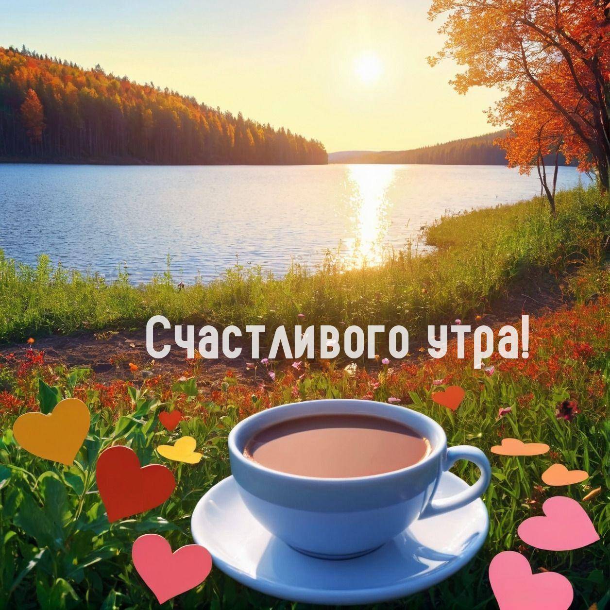 Красивый пейзаж с озером и чашка на блюдце
