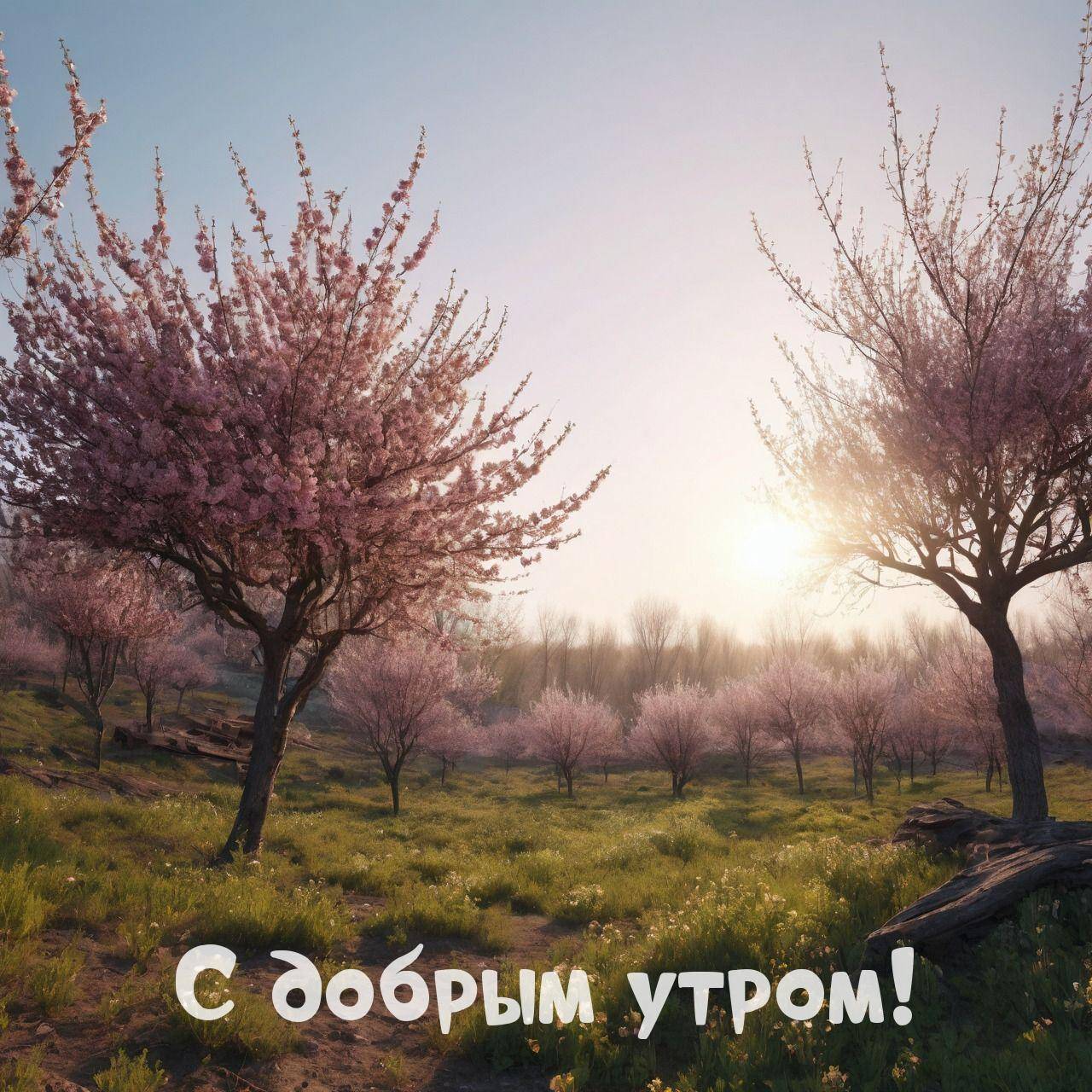 Красивый пейзаж с цветущими сакурами на зеленой траве