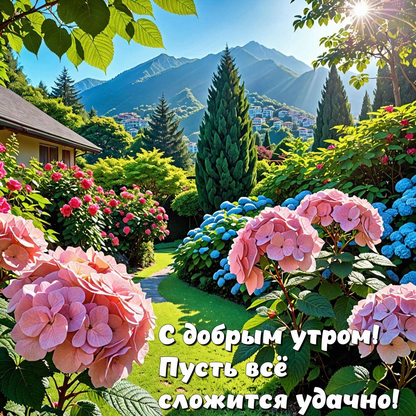 Красивый сад с розовыми гортензиями на переднем плане