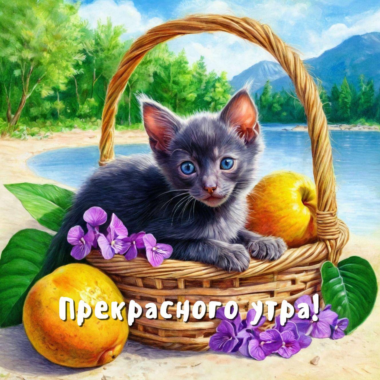 Красивый серый котенок в корзине с фруктами и цветами