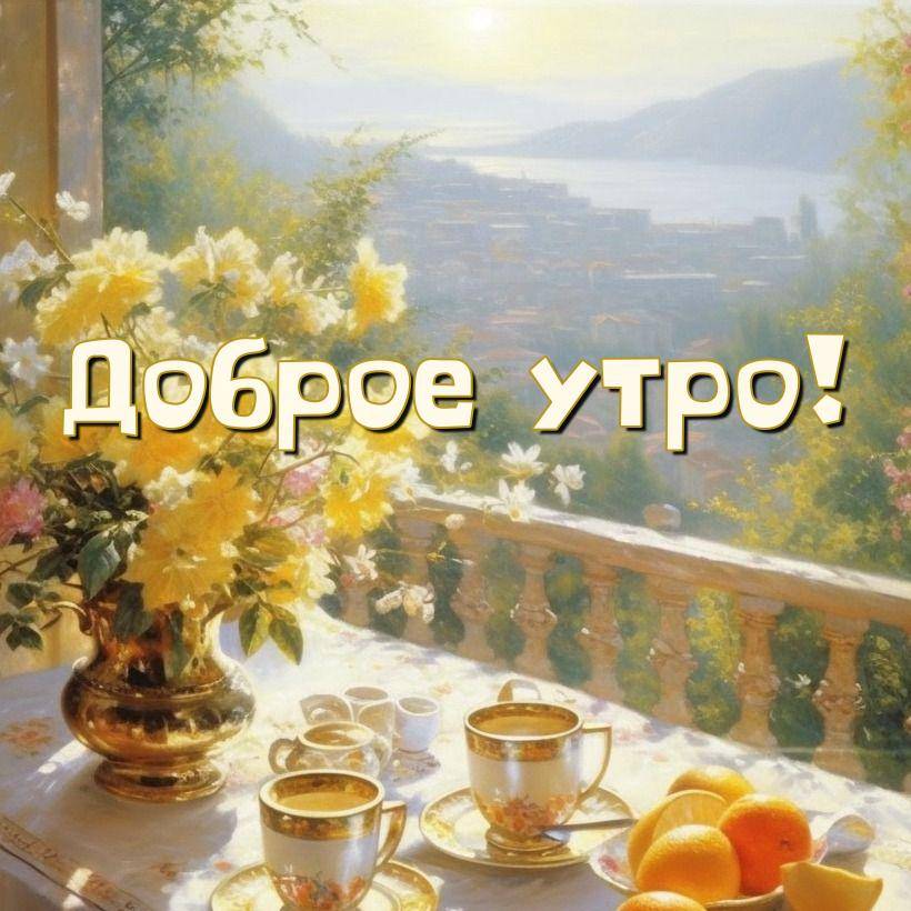 Красивый стол с цветами и чашками на террасе