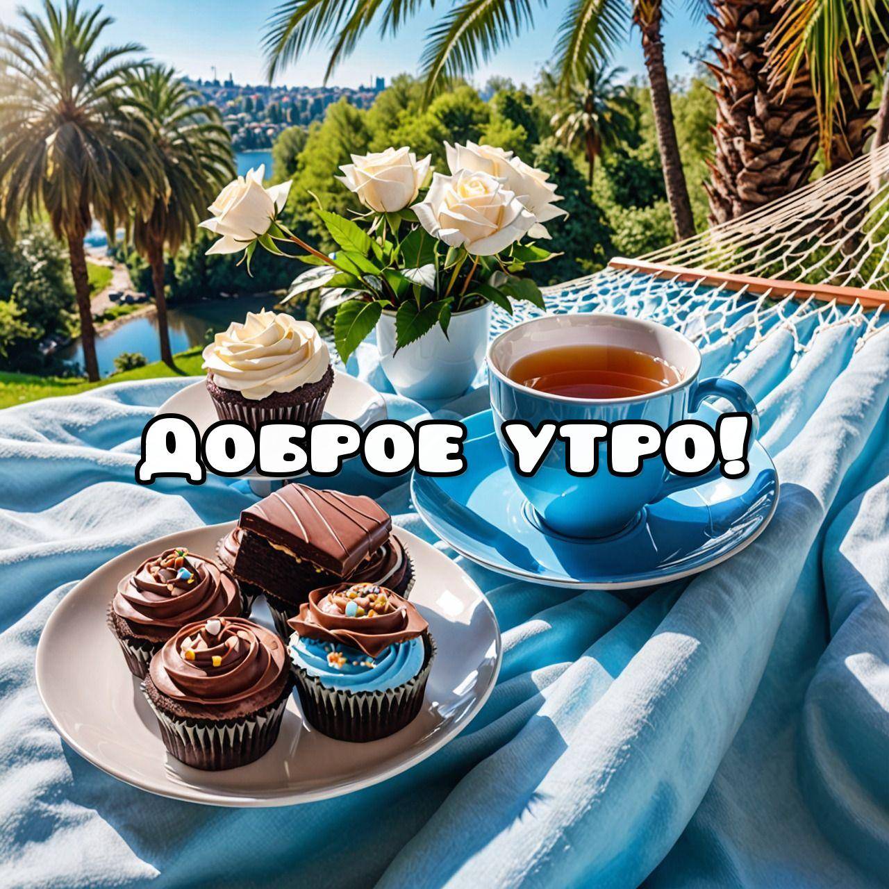 Красивый столик с десертами и чашкой чая на фоне солнечного пейзажа