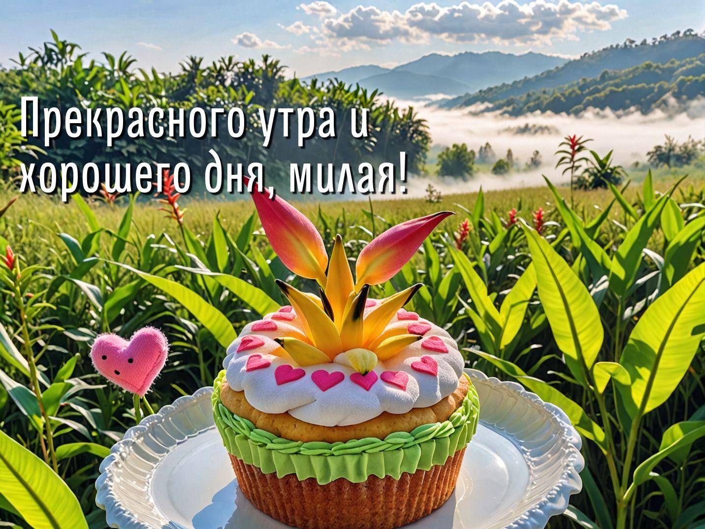 Красивый торт в виде капкейка с цветами из мастики