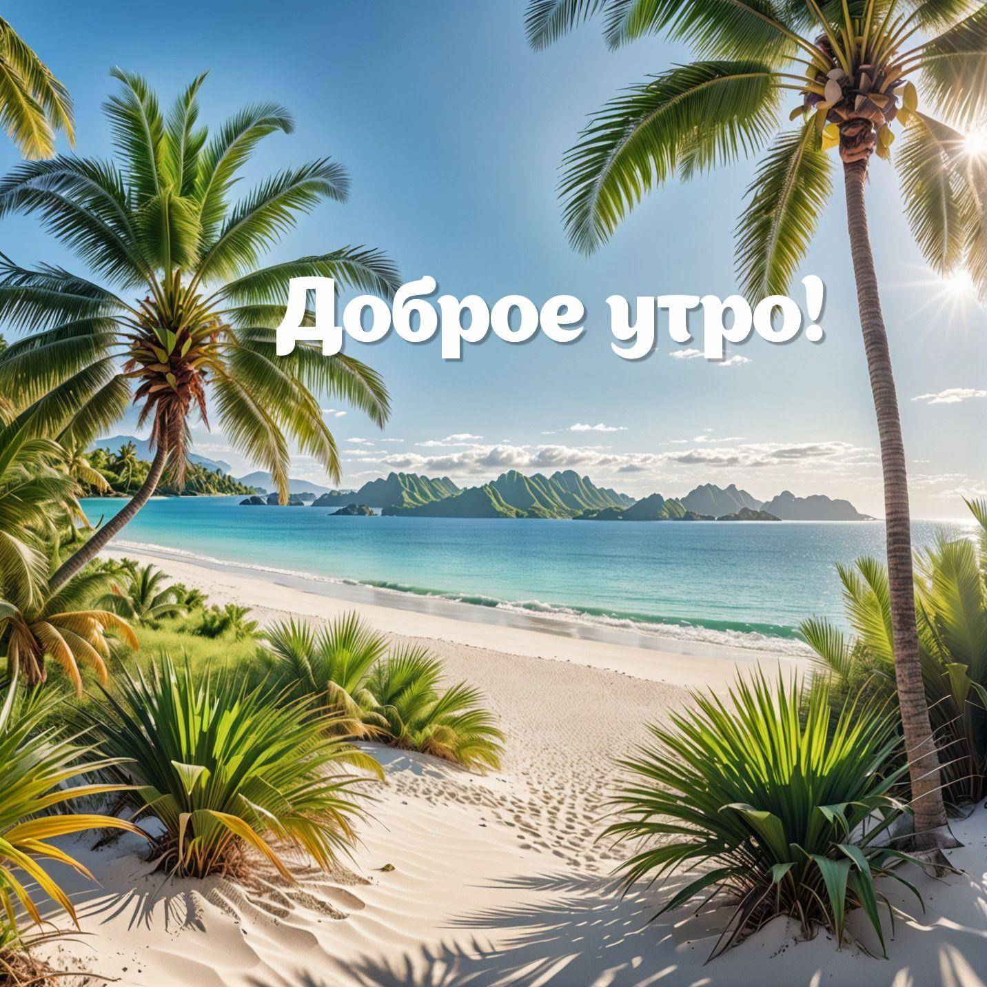 Красивый тропический пляж с белым песком и пальмами