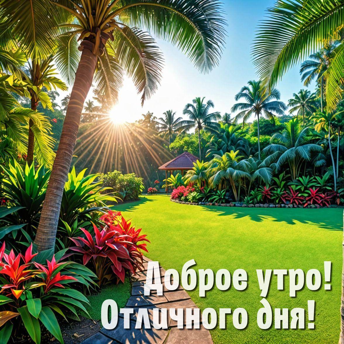 Красивый тропический сад с яркими цветами и газоном