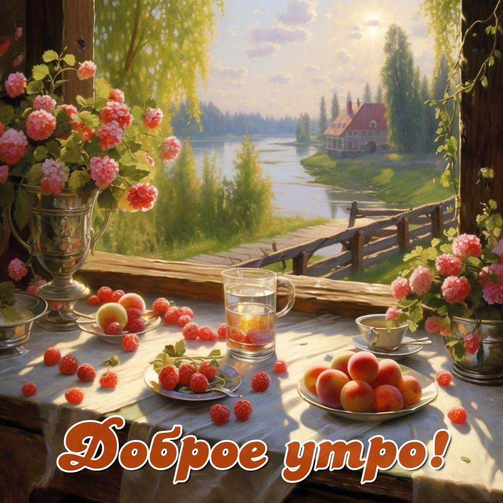 Красивый вид из окна на пейзаж с рекой и домом