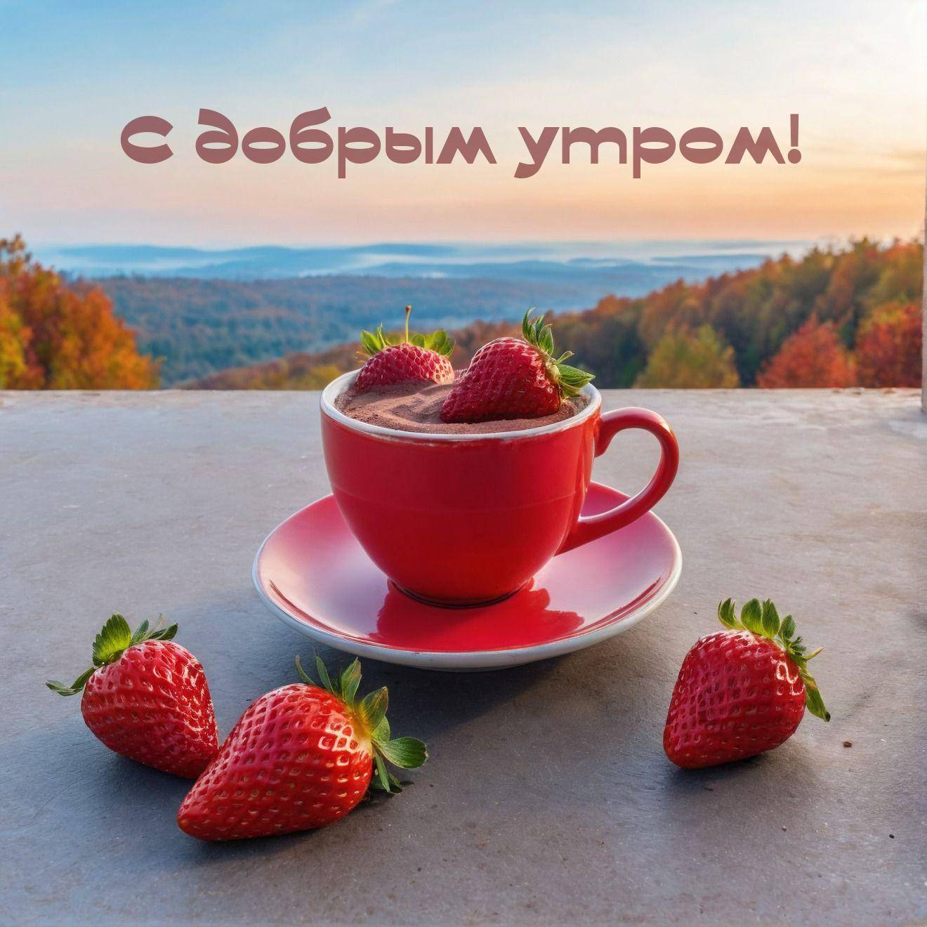 Красная чашка с какао и клубникой на фоне пейзажа
