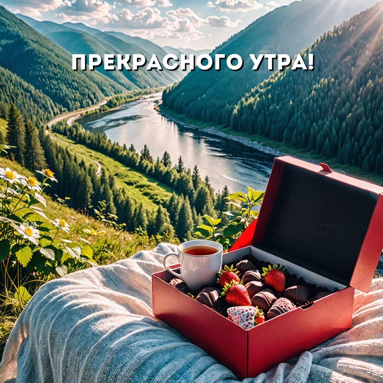 Красная коробка с шоколадными конфетами и клубникой, чаепитие на природе