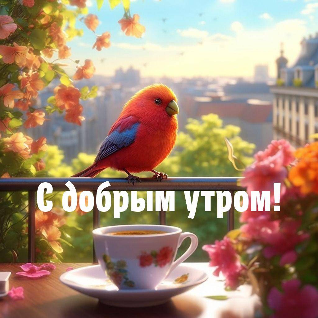 Красная птица на балконе и чашка кофе