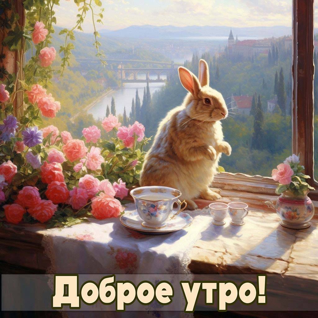 Кролик и цветы на подоконнике