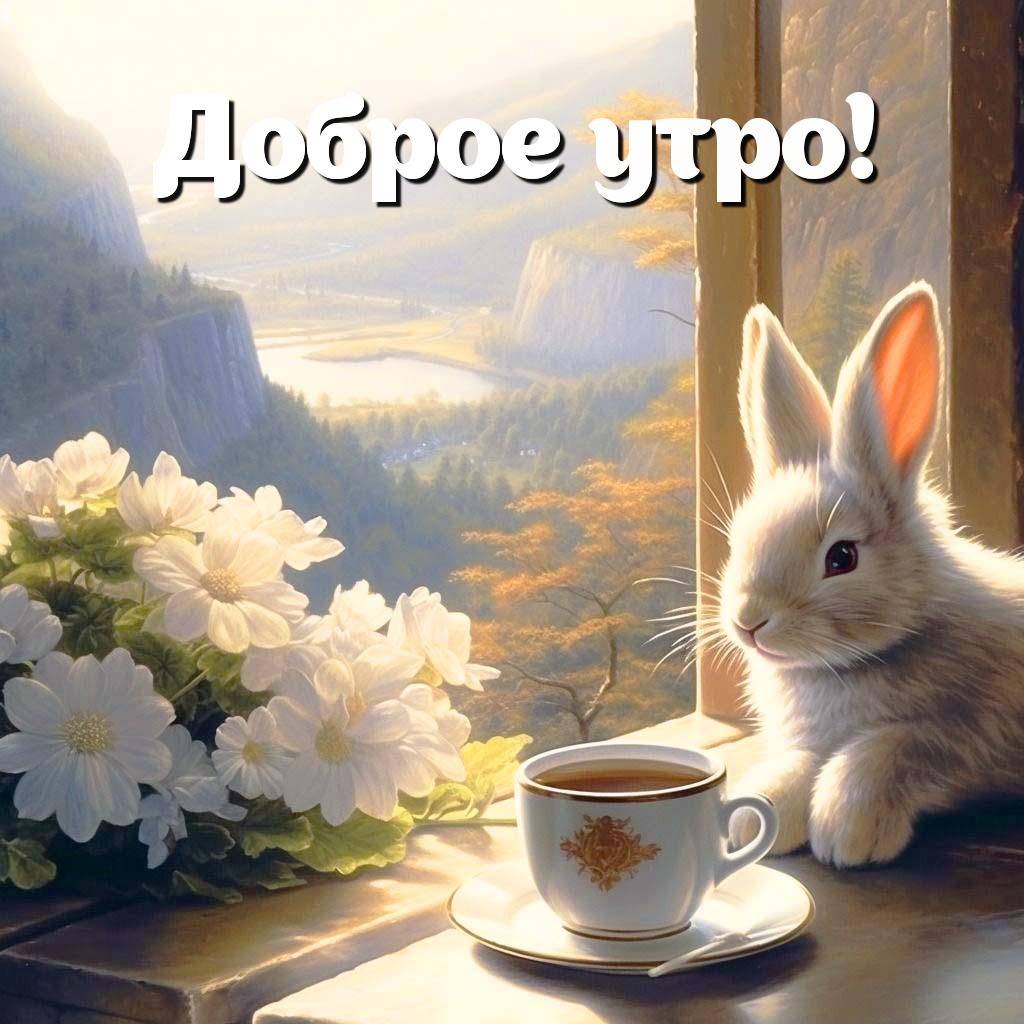 Кролик и цветы на подоконнике утром