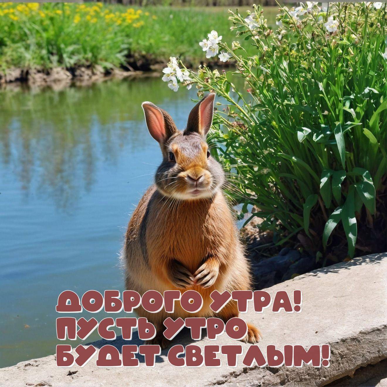 Кролик на камне у воды, растения и цветы