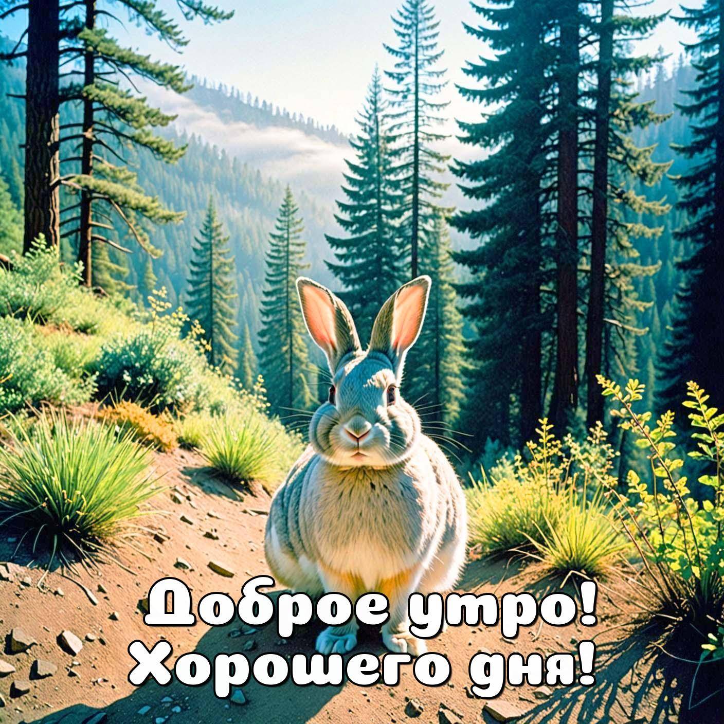 Кролик на лесной полянке среди трав и кустарников