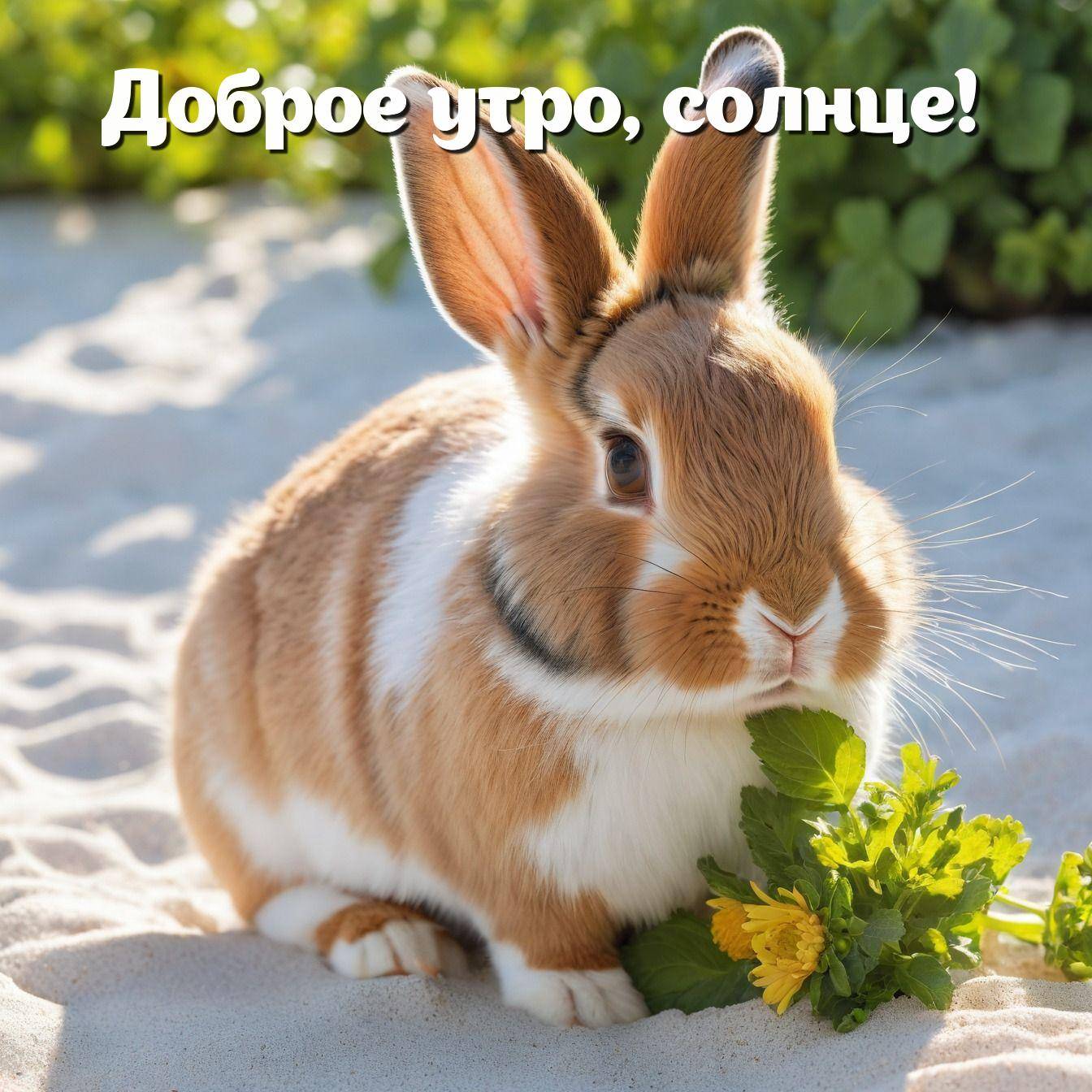 Кролик на песке с травой и цветами