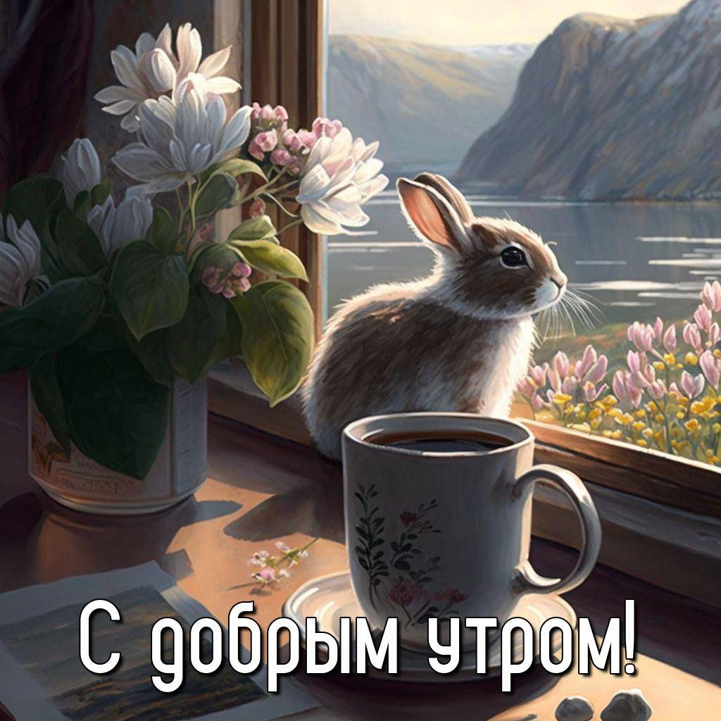 Кролик на подоконнике, окно с пейзажем, чашка кофе