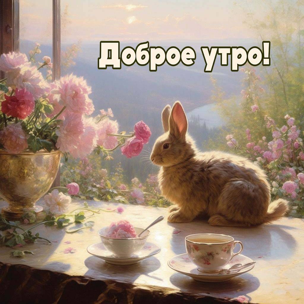 Кролик на подоконнике с чашкой чая и десертом