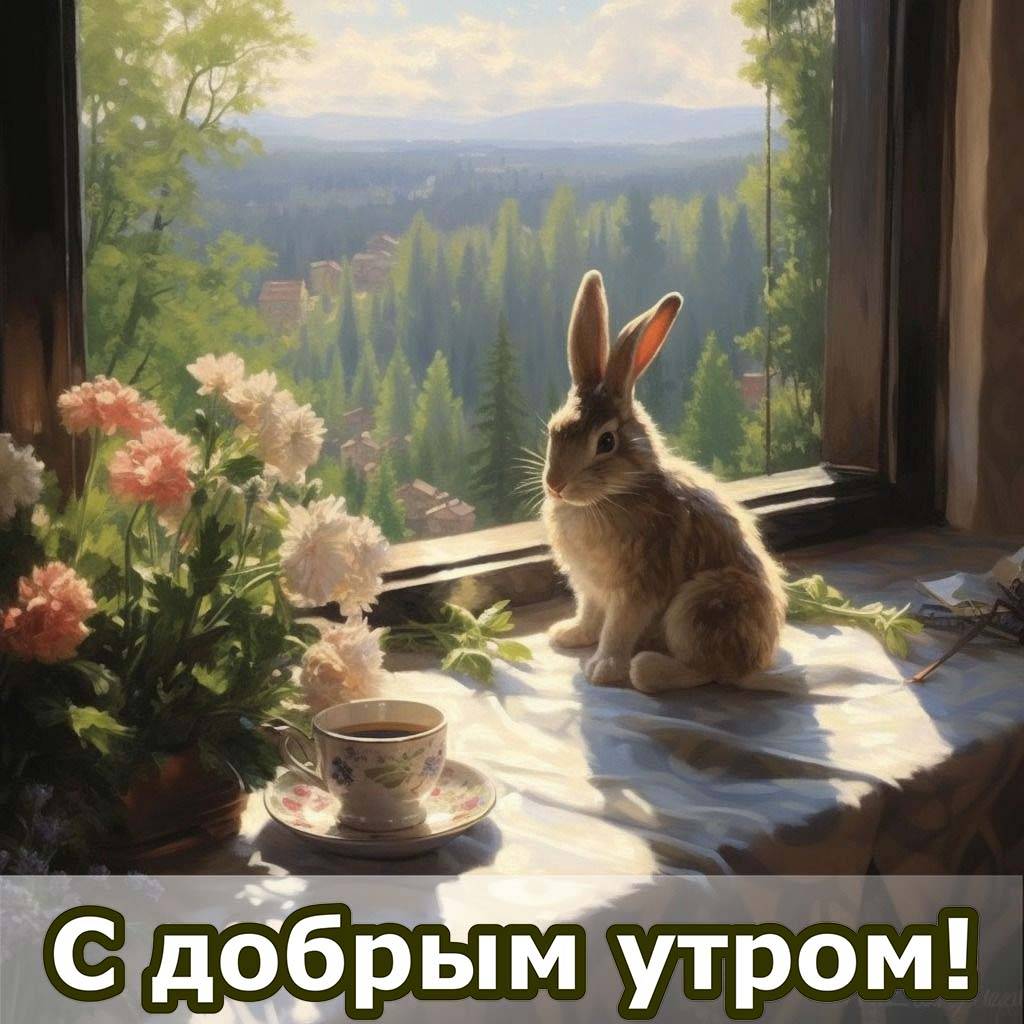 Кролик на подоконнике с чашкой чая, утро