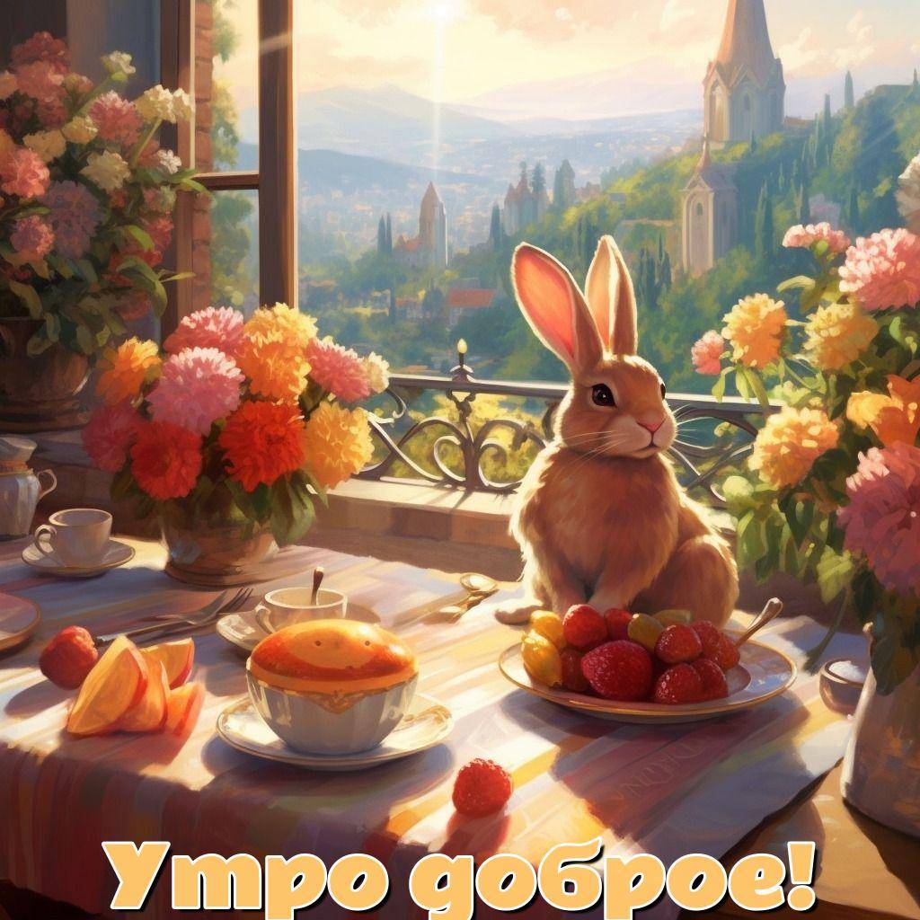 Кролик на столе с десертом и фруктами