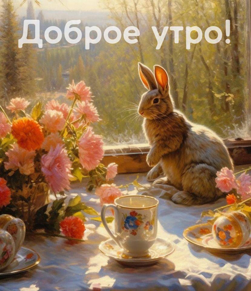 Кролик на столе с цветами возле окна