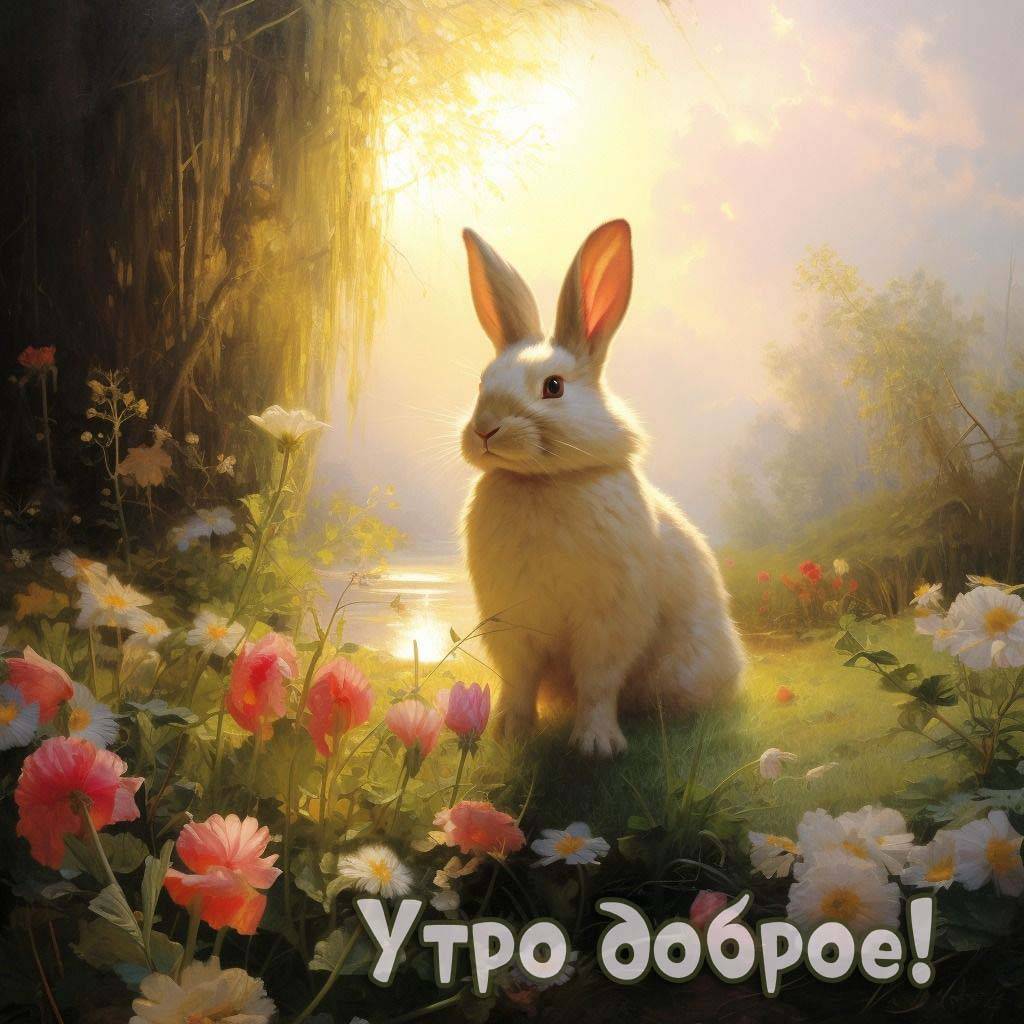 Кролик на траве среди полевых цветов. Утро доброе!