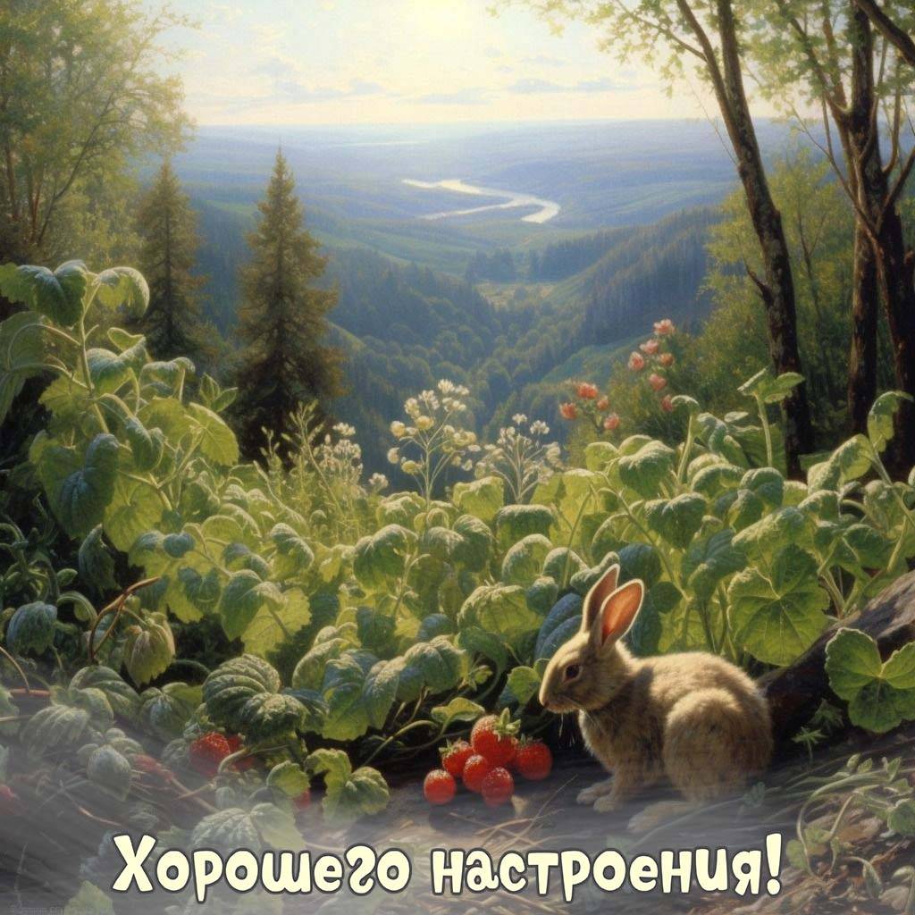 Кролик рядом с зелёными растениями и ягодами
