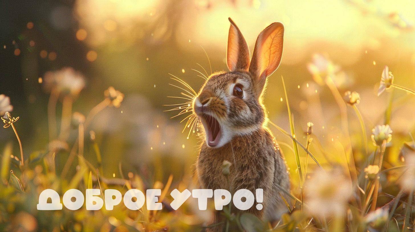 Кролик с открытым ртом среди цветов на рассвете