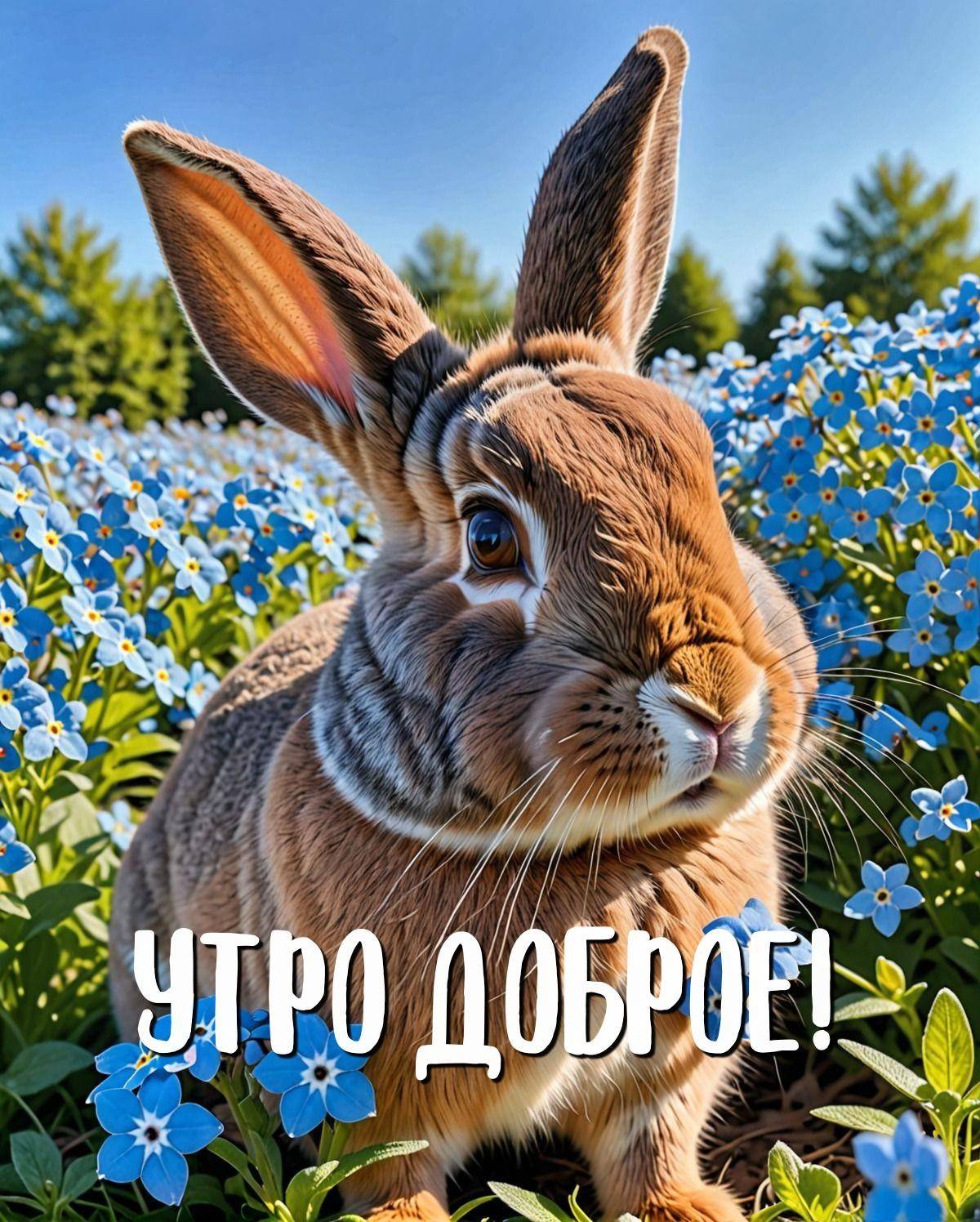 Кролик с поднятыми ушами в поле незабудок