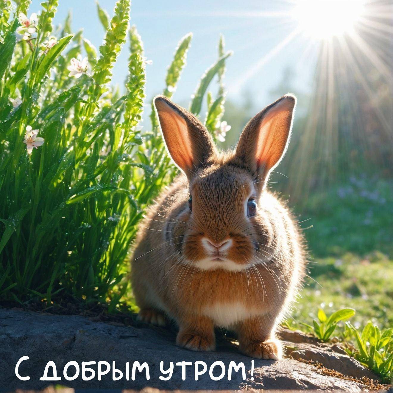 Кролик сидит на траве, окружённый растительностью
