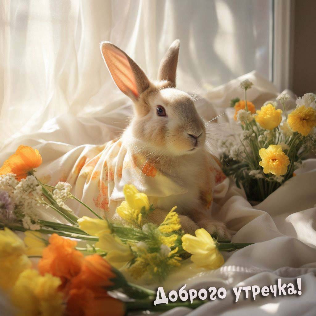 Кролик среди цветов и ткани.