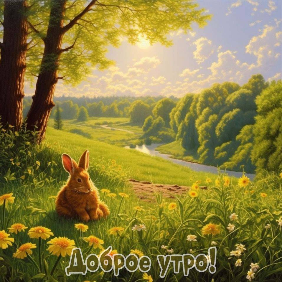 Кролик среди цветов на зеленой траве