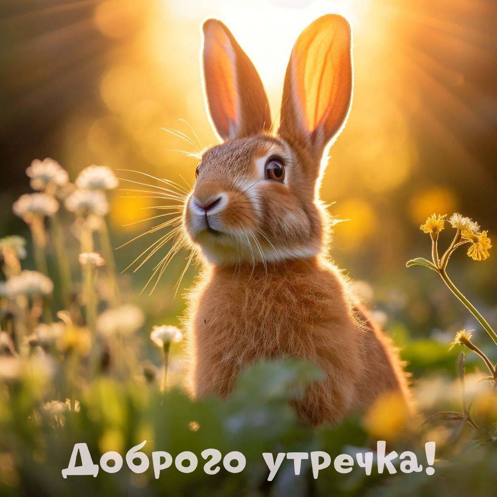 Кролик среди зелени и цветов под солнцем