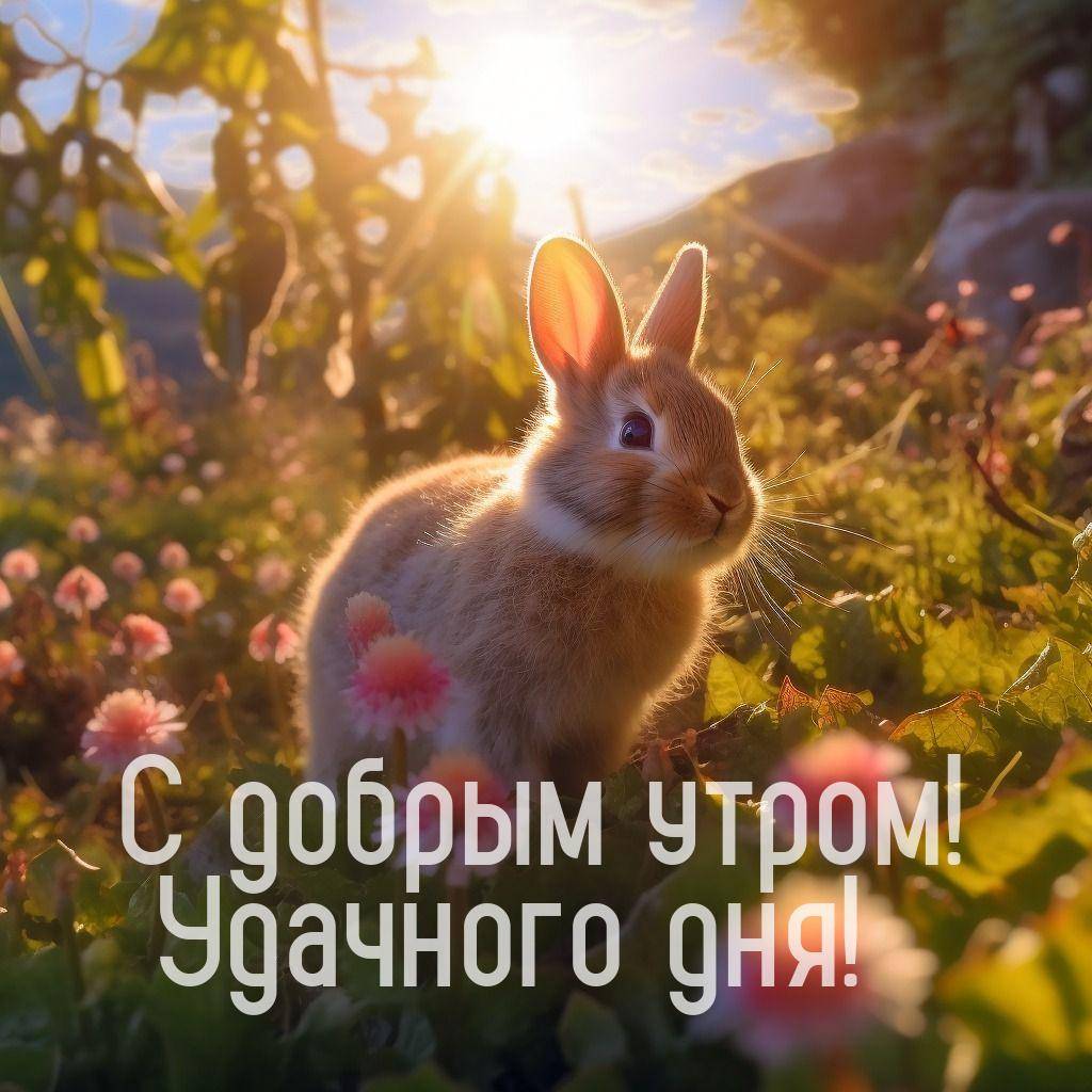 Кролик среди зелёных растений и розовых цветов