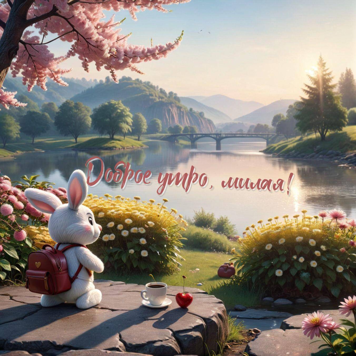 Кролик у озера с рюкзаком и сердцем