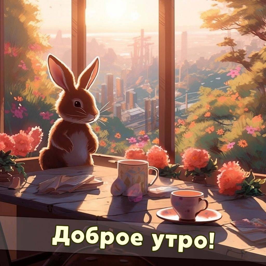 Кролик за столом с чашками и цветами