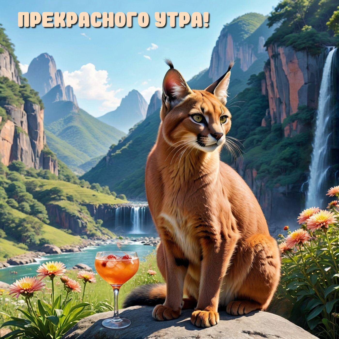 Крупный кот с ушами, как у каракала, сидит на камне