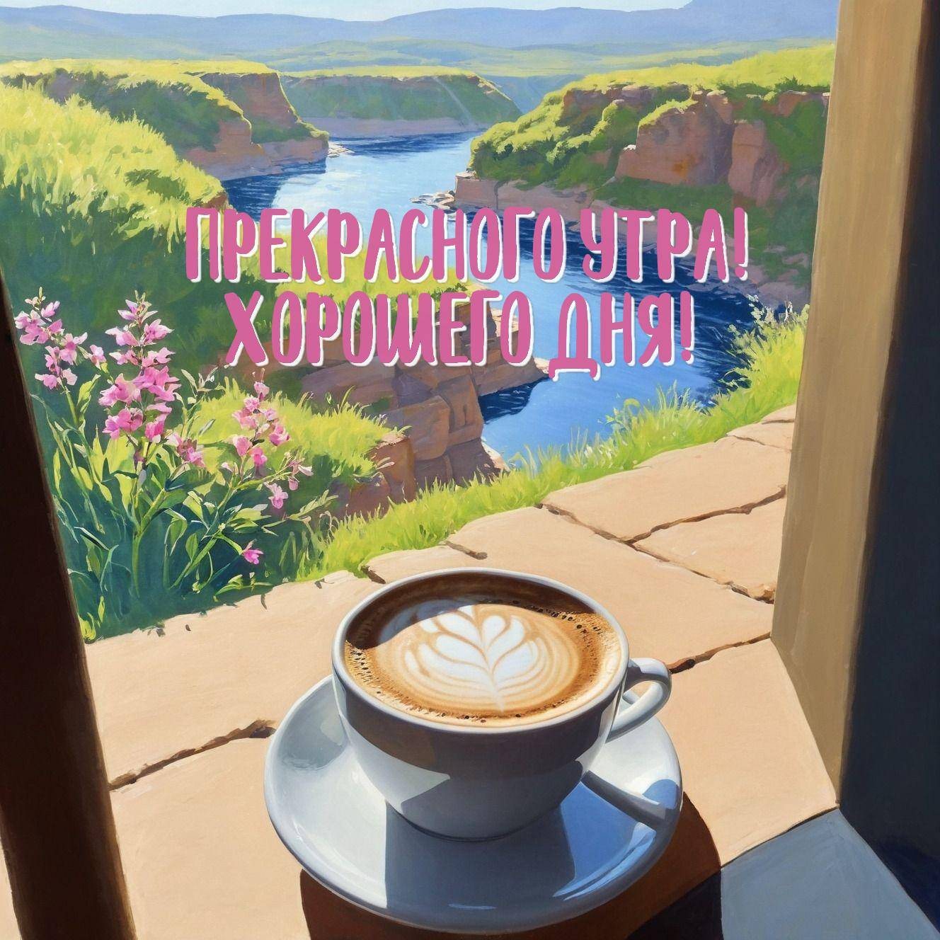 Кружка капучино с рисунком на пене на фоне природы