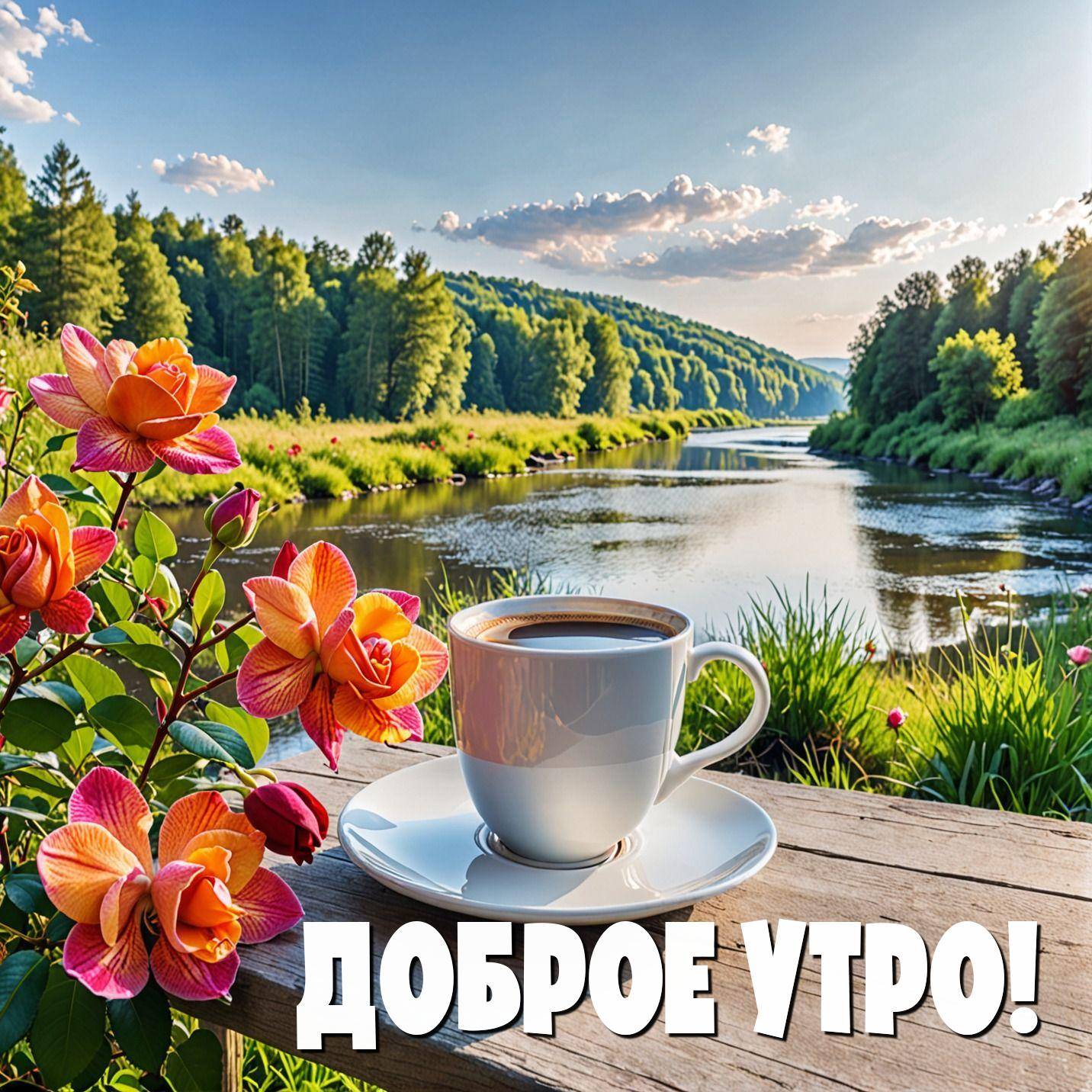 Кружка с кофе и розы на фоне речного пейзажа