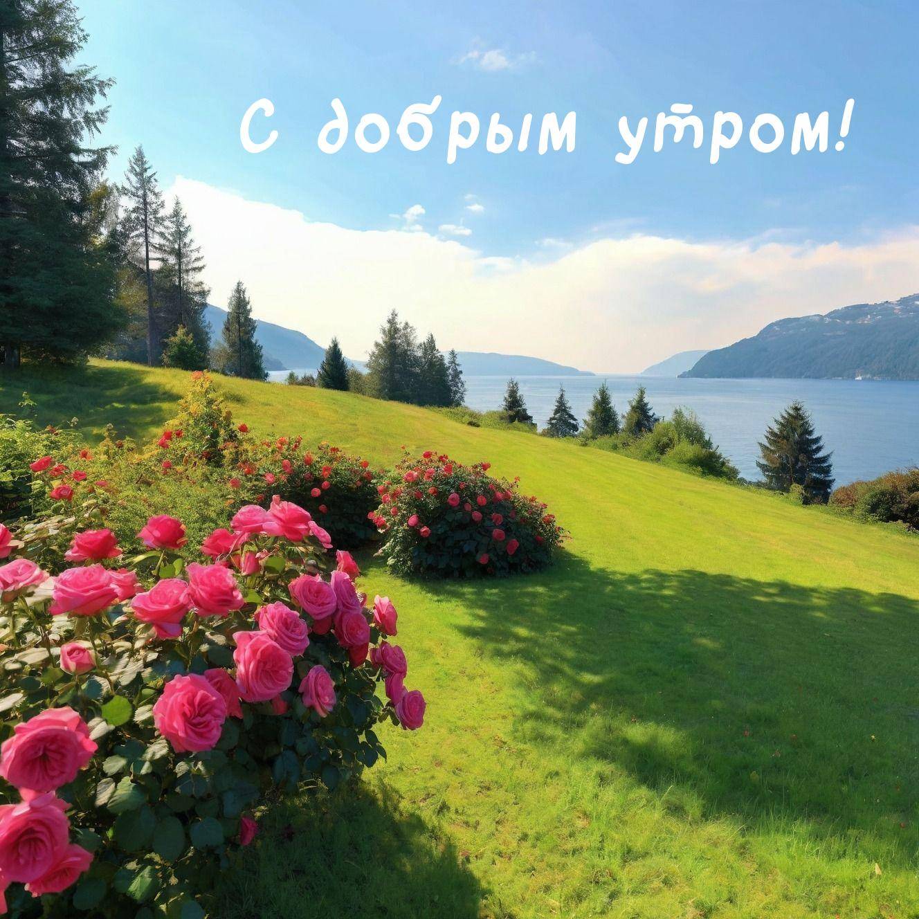 Кусты роз перед зелеными холмами и озером