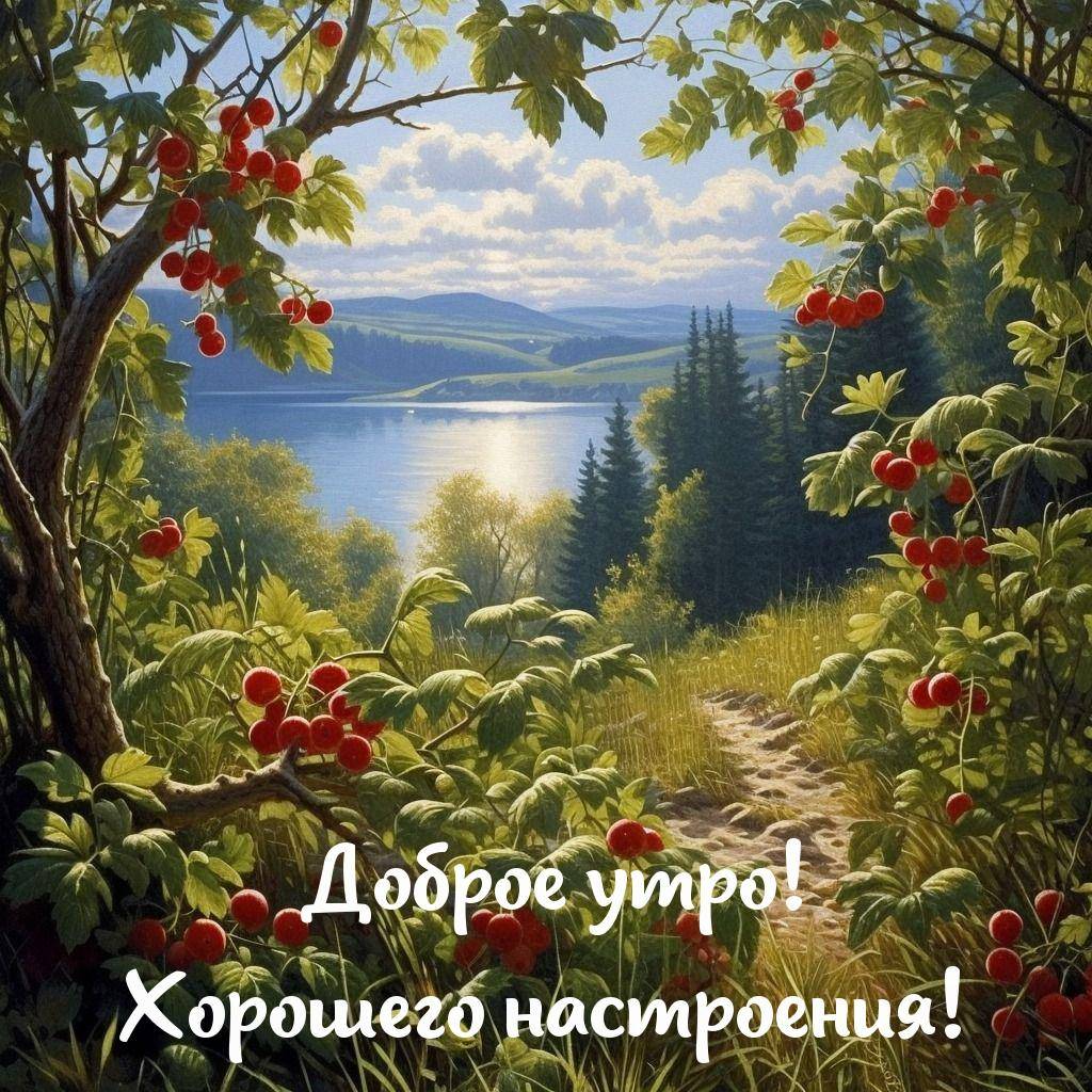 Кусты с красными ягодами на фоне озера