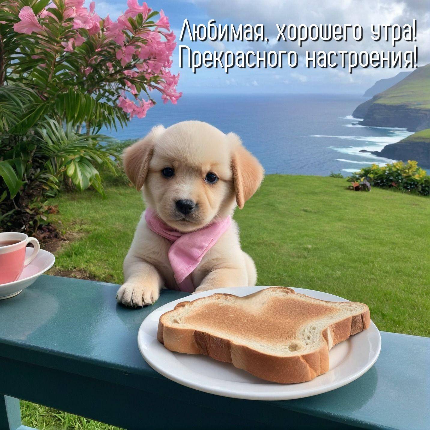 Лабрадор в розовом платке перед хлебом и чаем