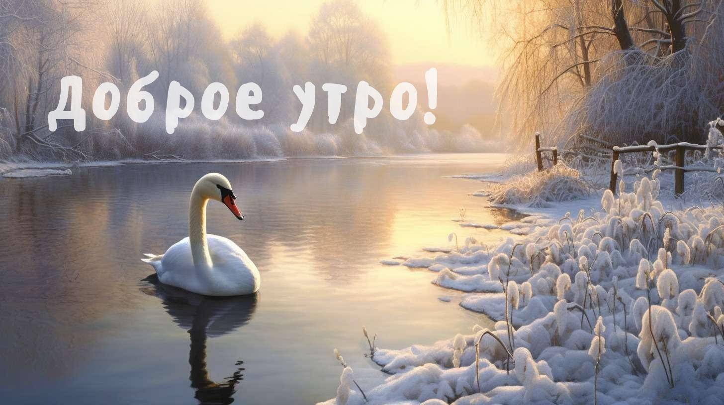 Лебедь на фоне заснеженных деревьев