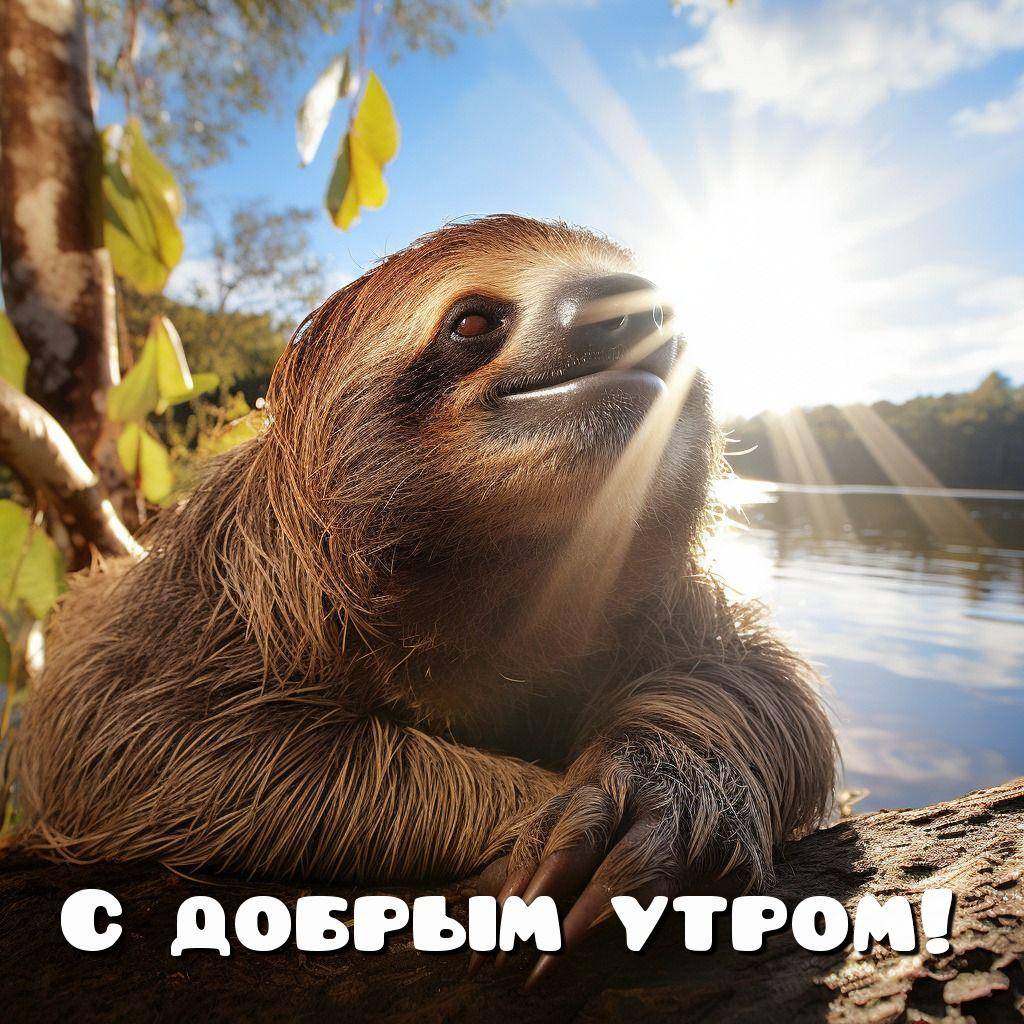 Ленивец лежит на бревне у воды среди листвы
