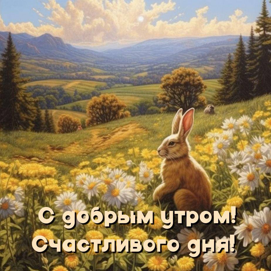 Летний пейзаж с зайцем среди цветов