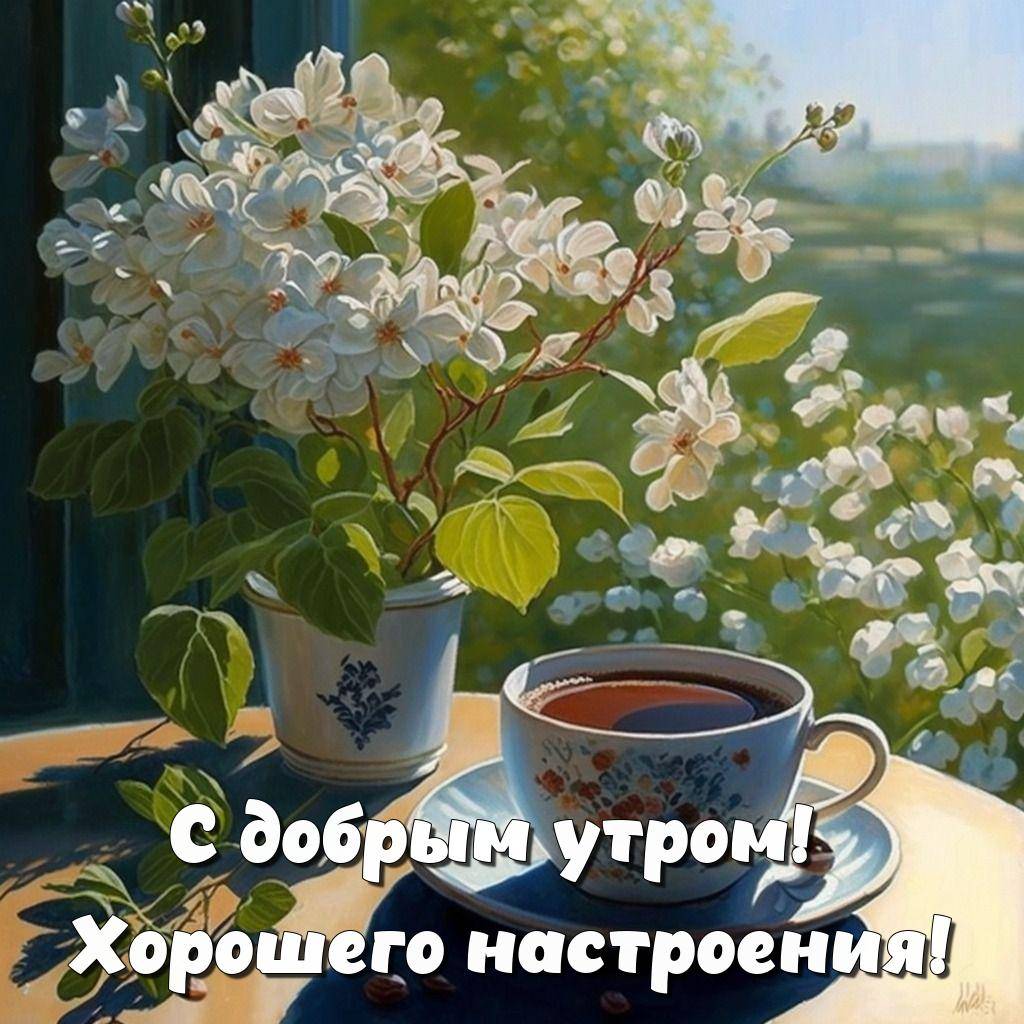 Летняя сцена с чашкой чая и вазой с цветами на столе