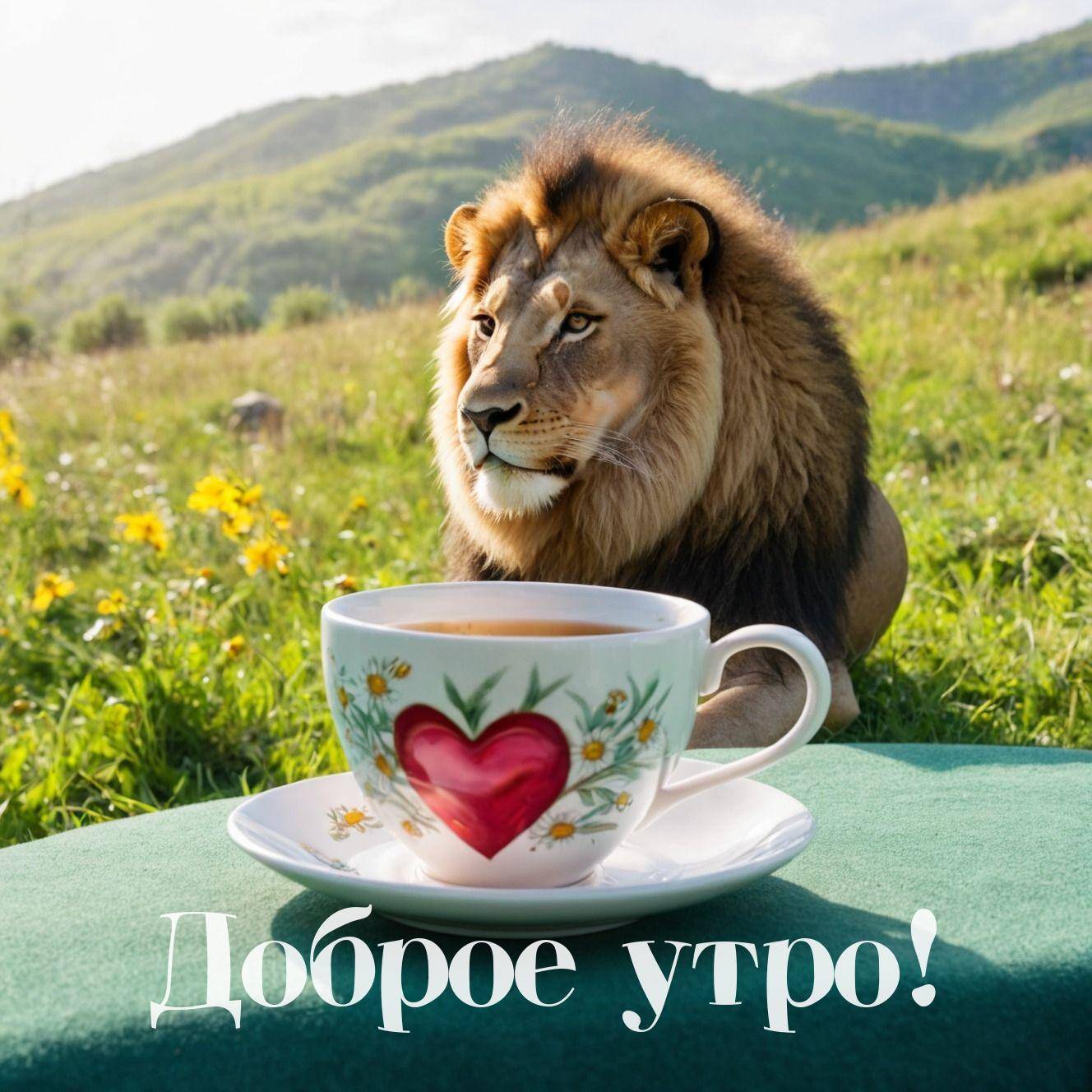 Лев сидит на траве с чашкой