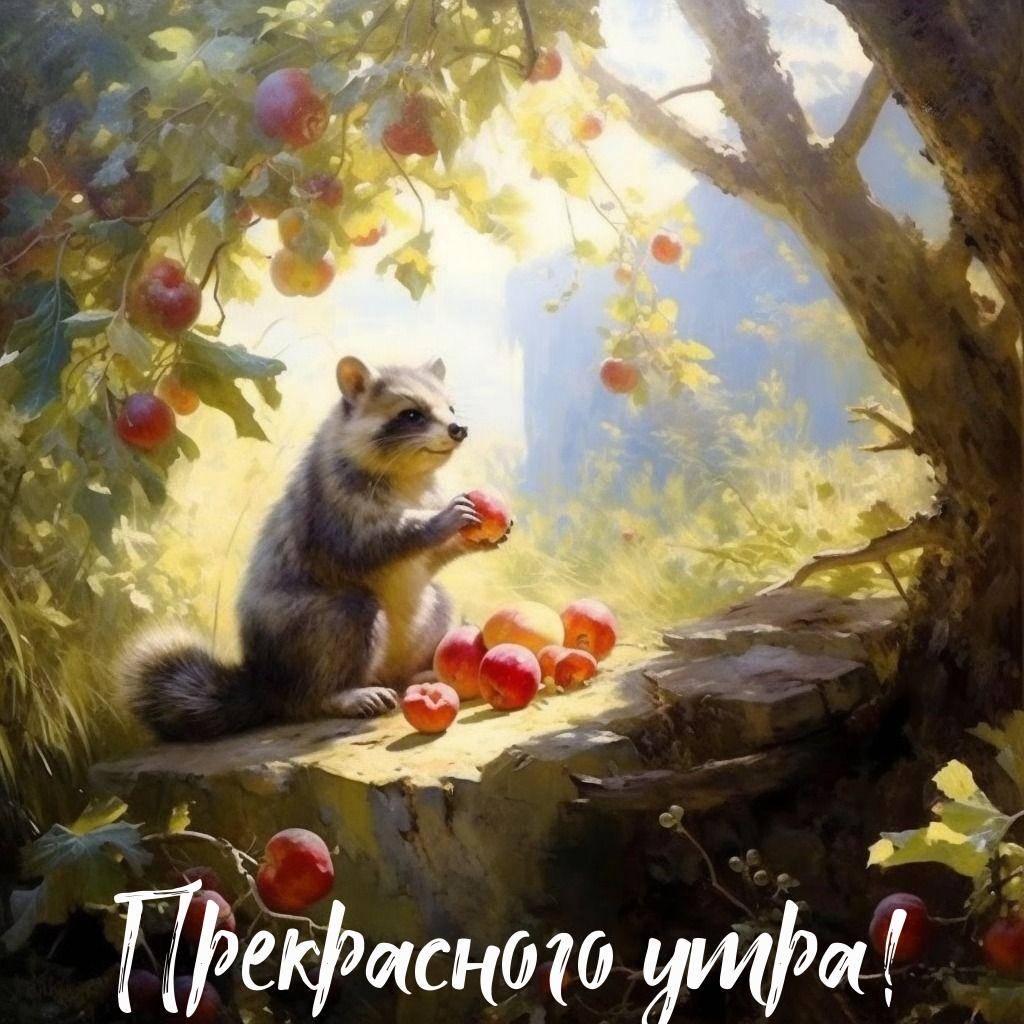 Лиса с яблоком среди зелени