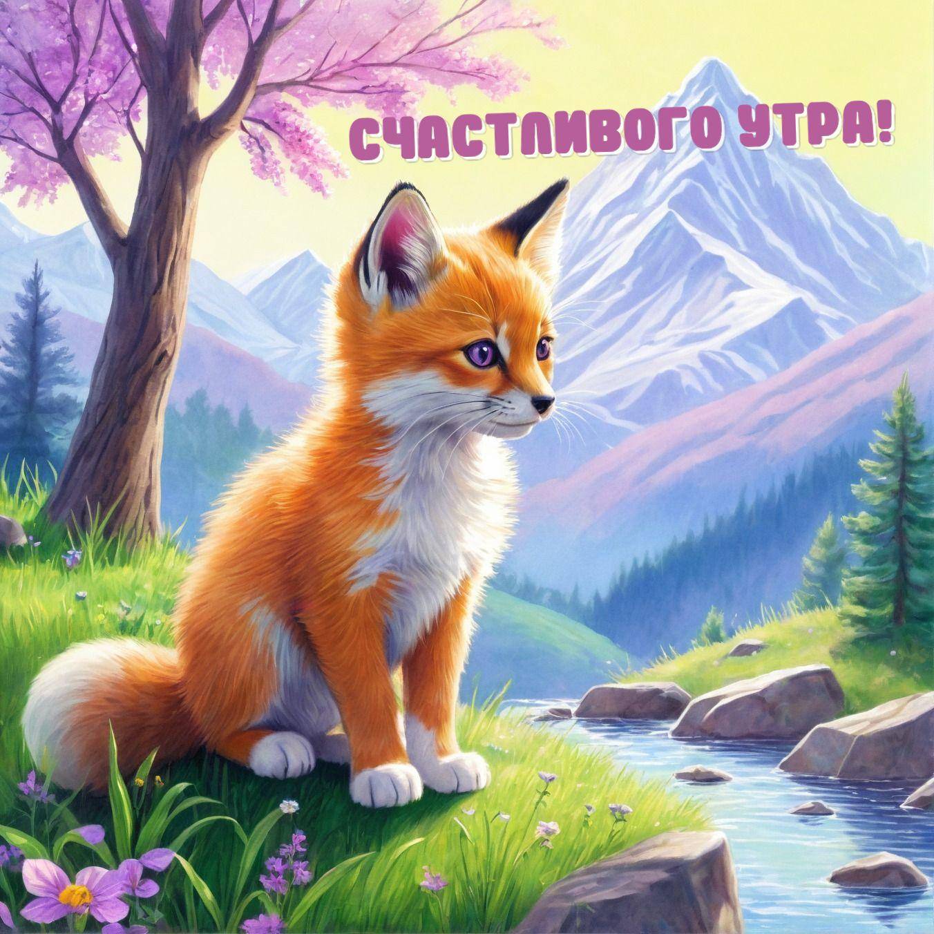 Лисенок сидит на траве у реки
